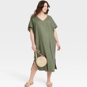 AVA & VIV Women's Plus Relaxed Dolman Short Sleeve Linen Caftan Dress Olive - 3X